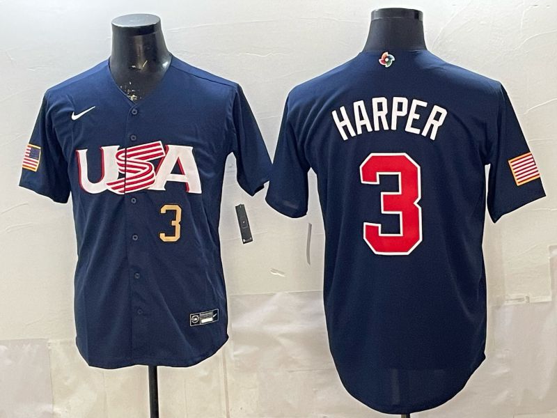 Men 2026 World Cub USA #3 Harper Blue Nike MLB Jersey style 003